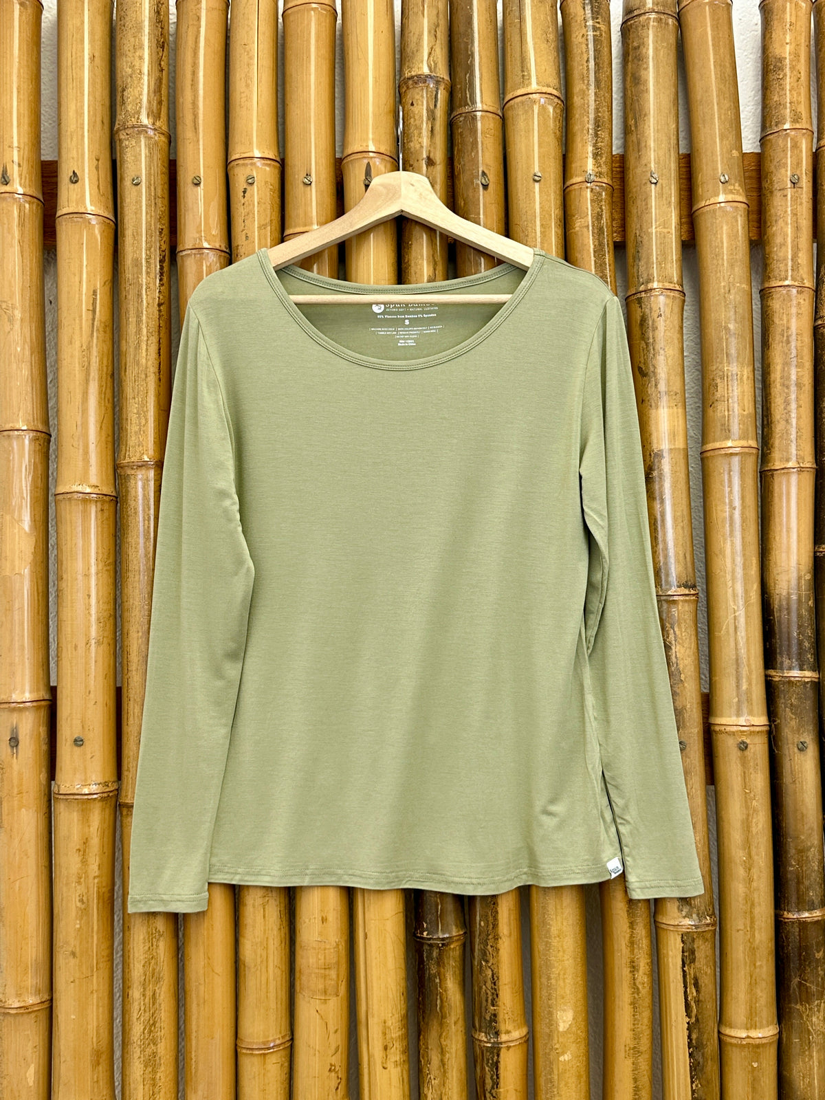 Spun Bamboo women's long-sleeve lounge tee in Sage on a hanger, showing the full front, sleeves and hem.
