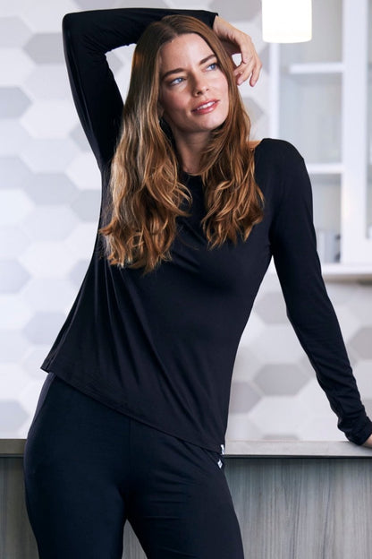 Spun Bamboo women's long-sleeve lounge tee in Black, front view showing the neckline and hem; trousers not included.