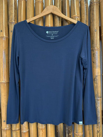 Spun Bamboo women's long-sleeve lounge tee in Blue Graphite on a hanger, showing the full front and neckline.