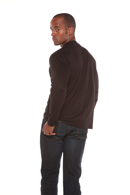 Rear three-quarter view of a dark Spun Bamboo long-sleeve crewneck, styled with jeans.