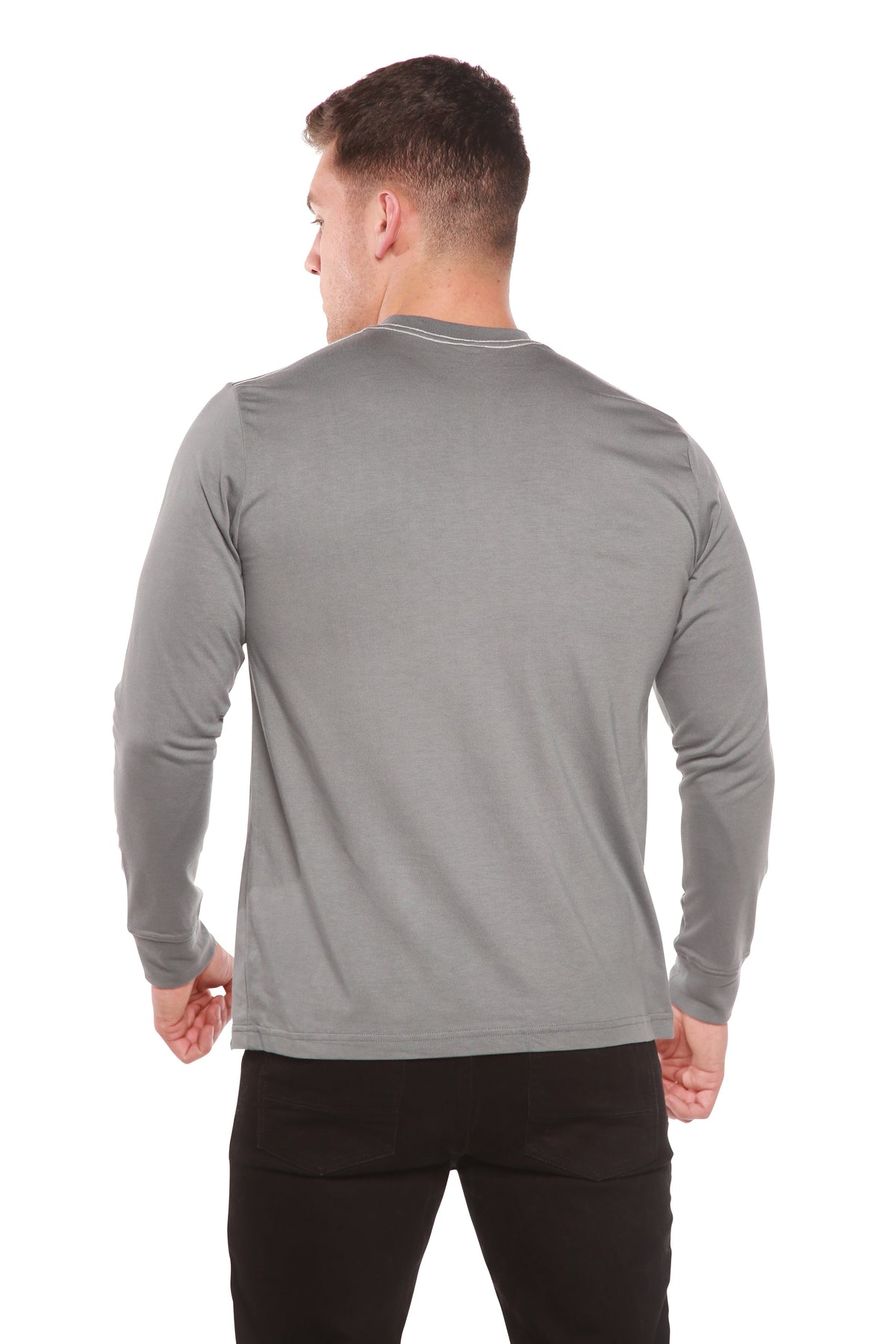 Back view of a grey Spun Bamboo long-sleeve crewneck, showing its straight hem.