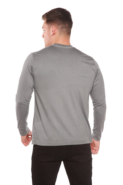 Back view of a grey Spun Bamboo long-sleeve crewneck, showing its straight hem.