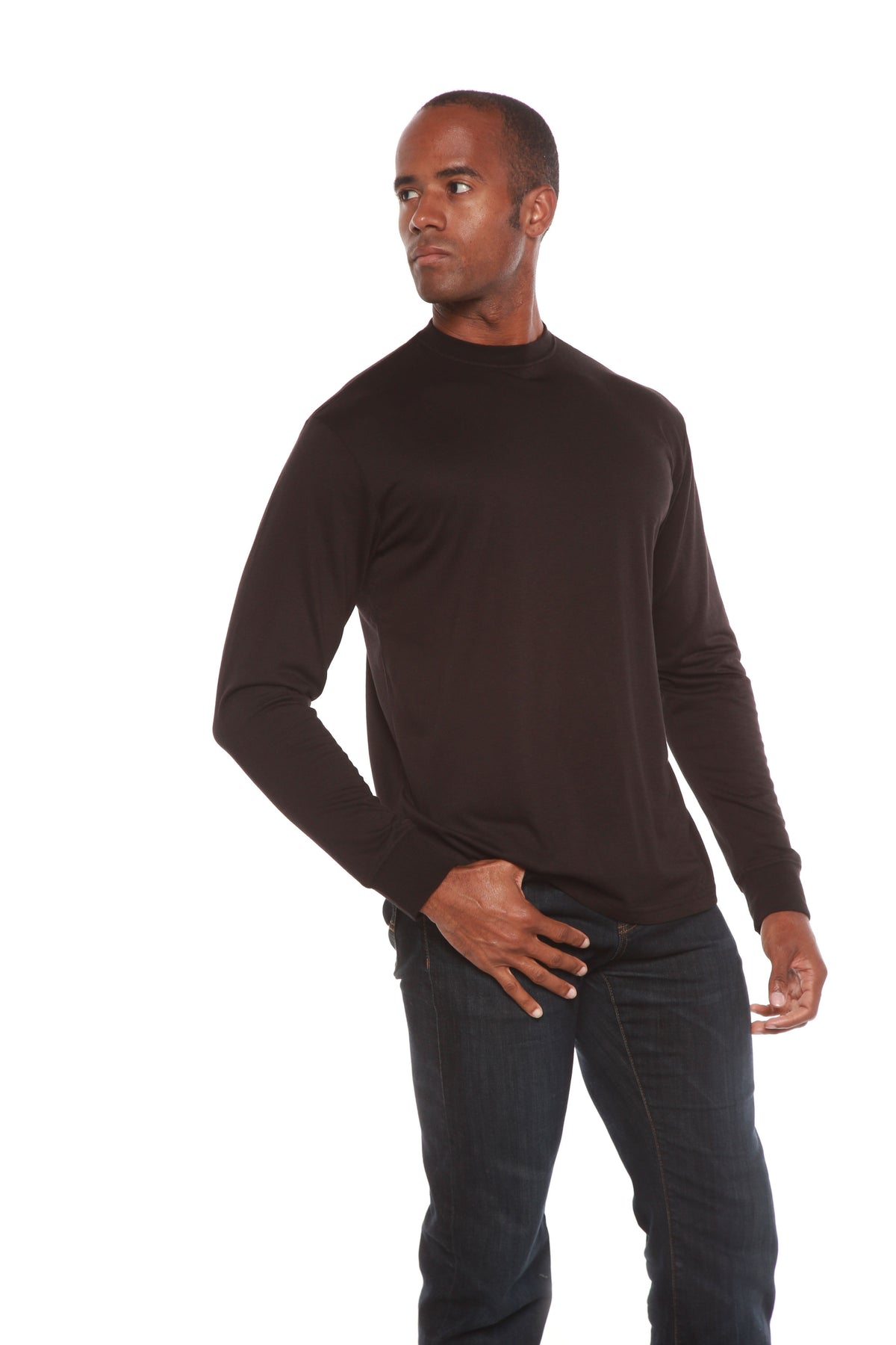 Front view of a dark Spun Bamboo crewneck with long sleeves, styled with jeans.