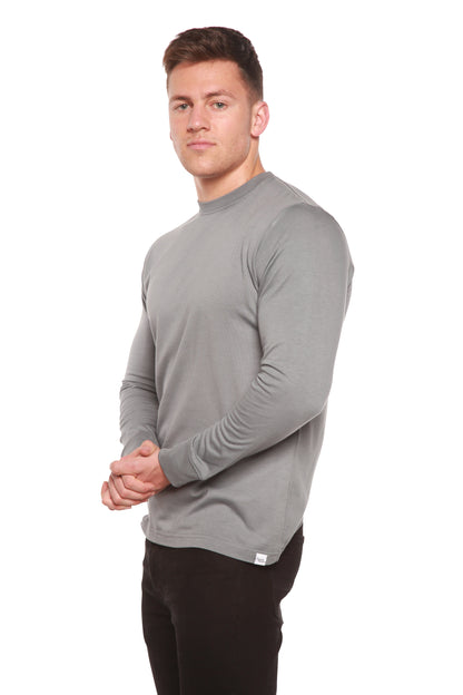 Three-quarter front view of a grey Spun Bamboo crewneck, showing the sleeve and hem detail.