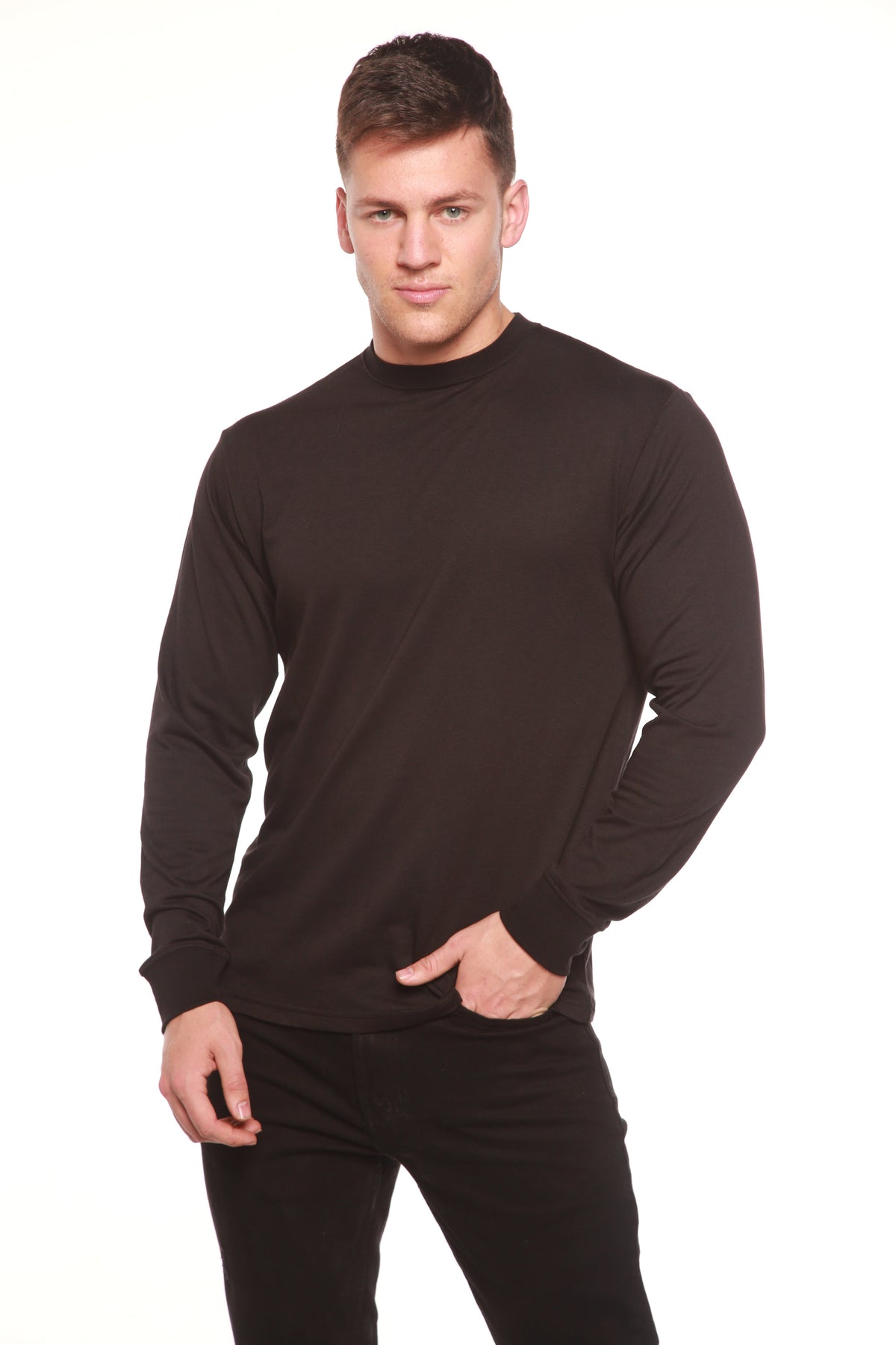 Front view of a dark Spun Bamboo crewneck, showing the round neckline and ribbed cuffs.