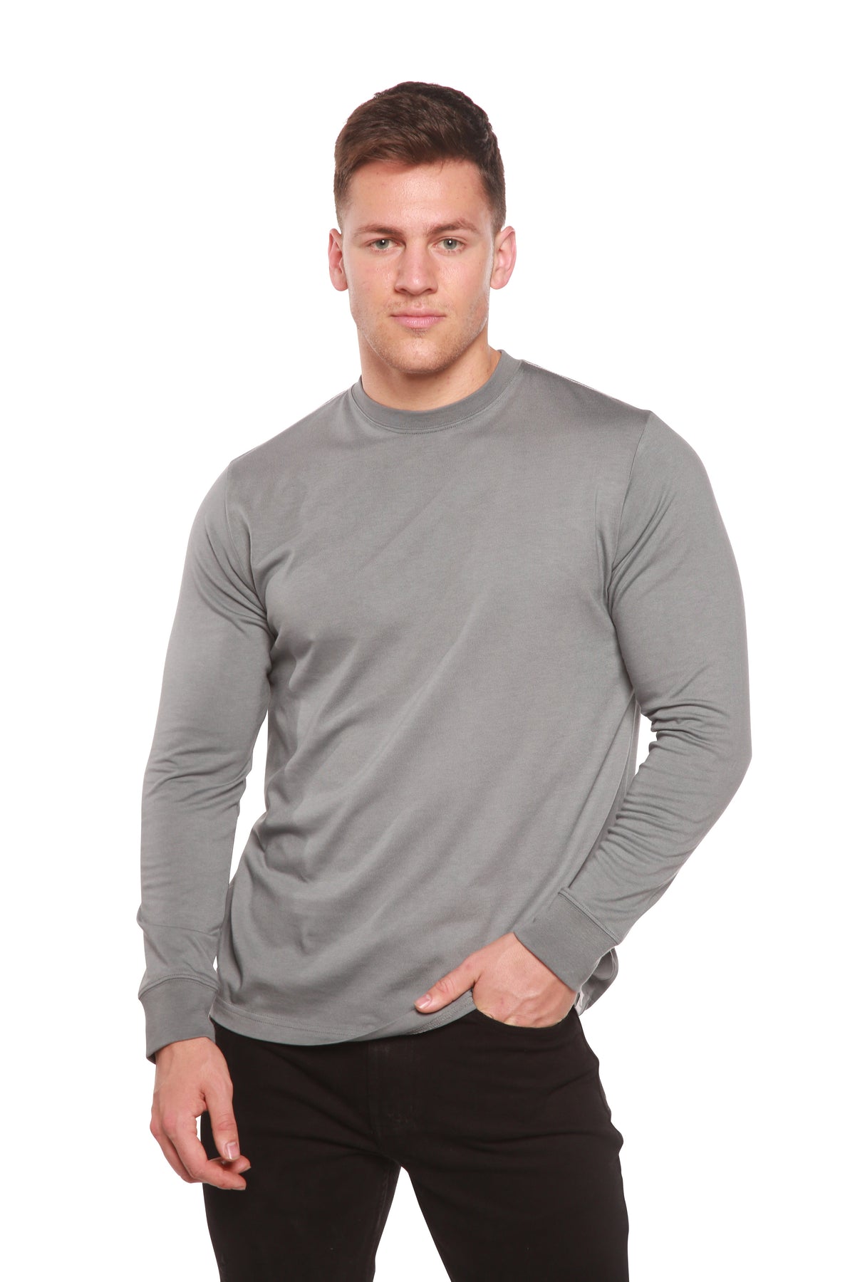Front view of a grey Spun Bamboo long-sleeve crewneck with a round neckline and ribbed cuffs.